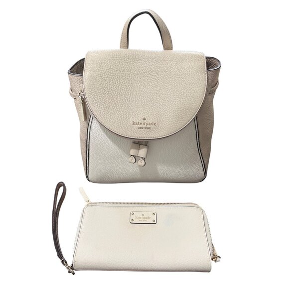Kate Spade Leila Colorblock Medium Flap Backpack & Zip Wallet Set Warm Beige - Picture 1 of 11